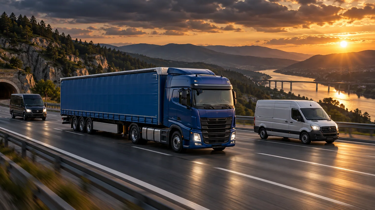 Blue freight truck and white van on a highway at sunset