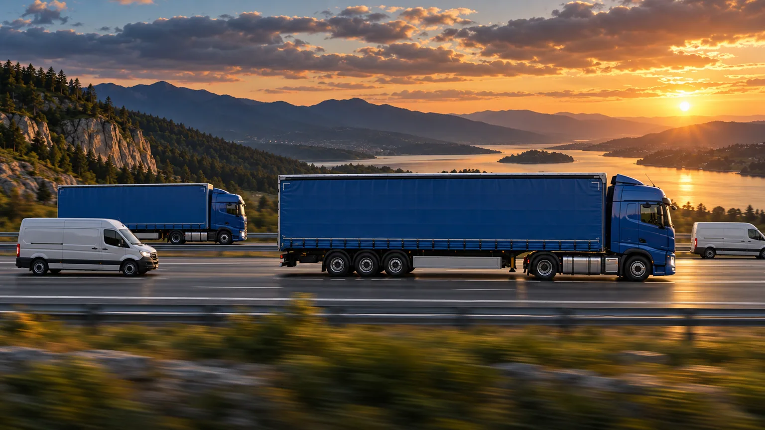 Blue freight trucks travelling along a highway
