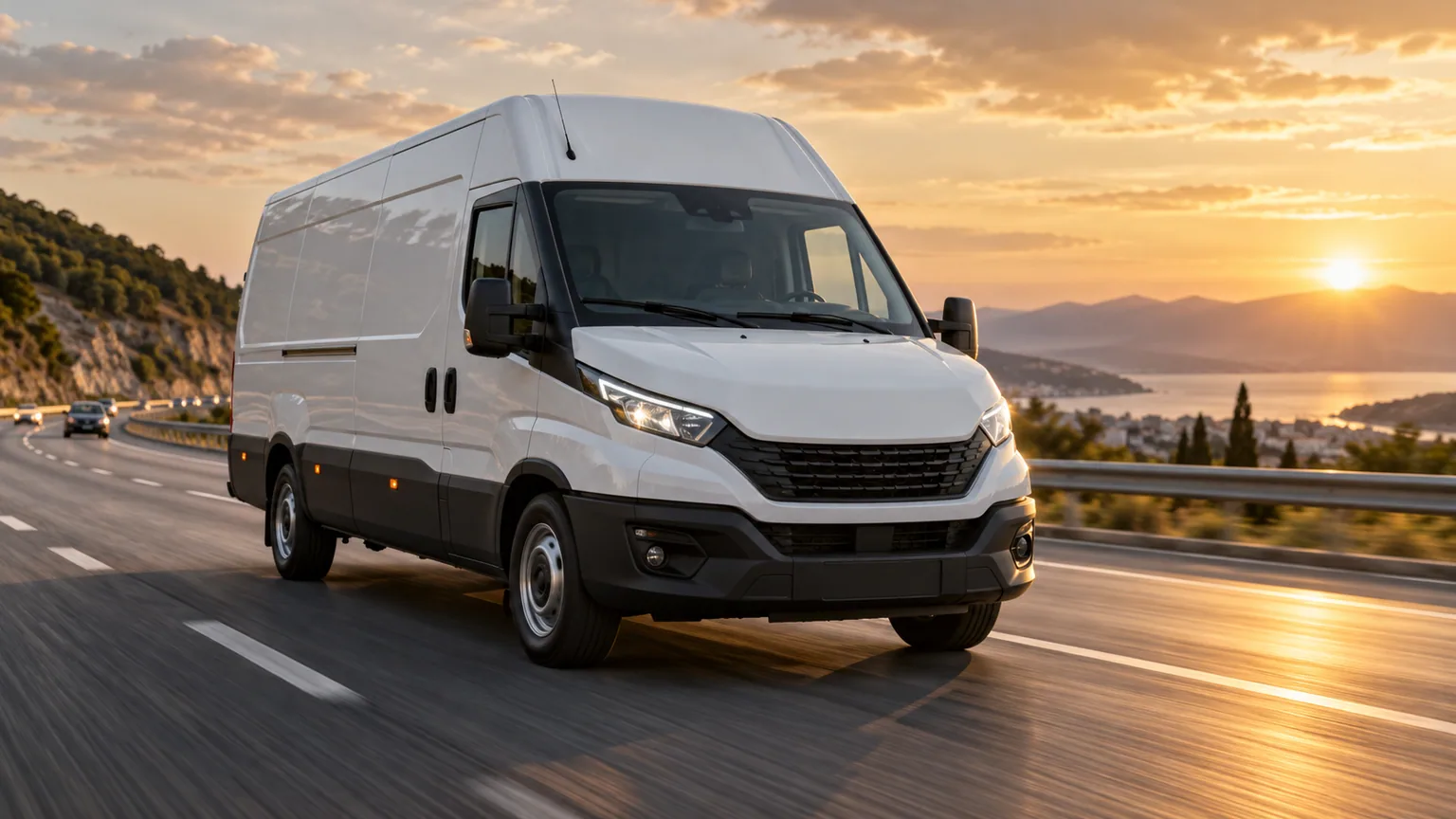 White van travelling on a coastal highway at sunset
