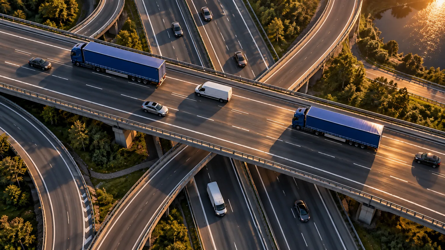 Aerial view of freight vehicles crossing a highway interchange