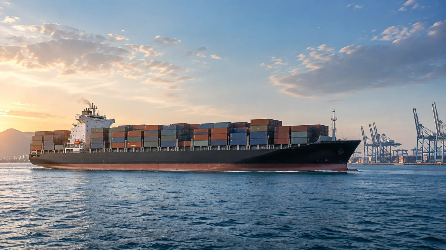 Side view of a container ship leaving a port