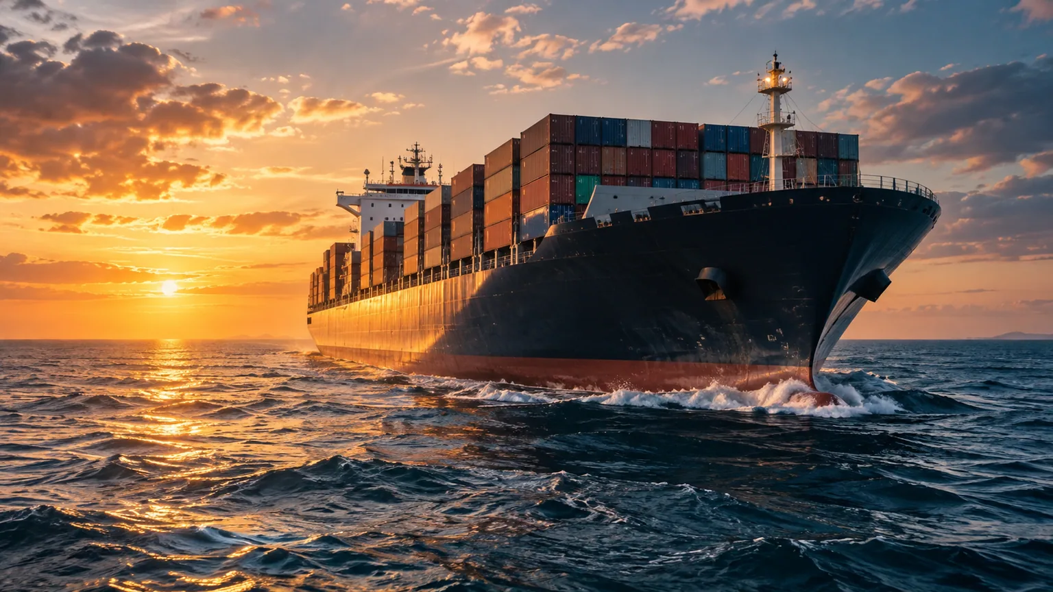 Container ship heading out to sea in the light of sunset