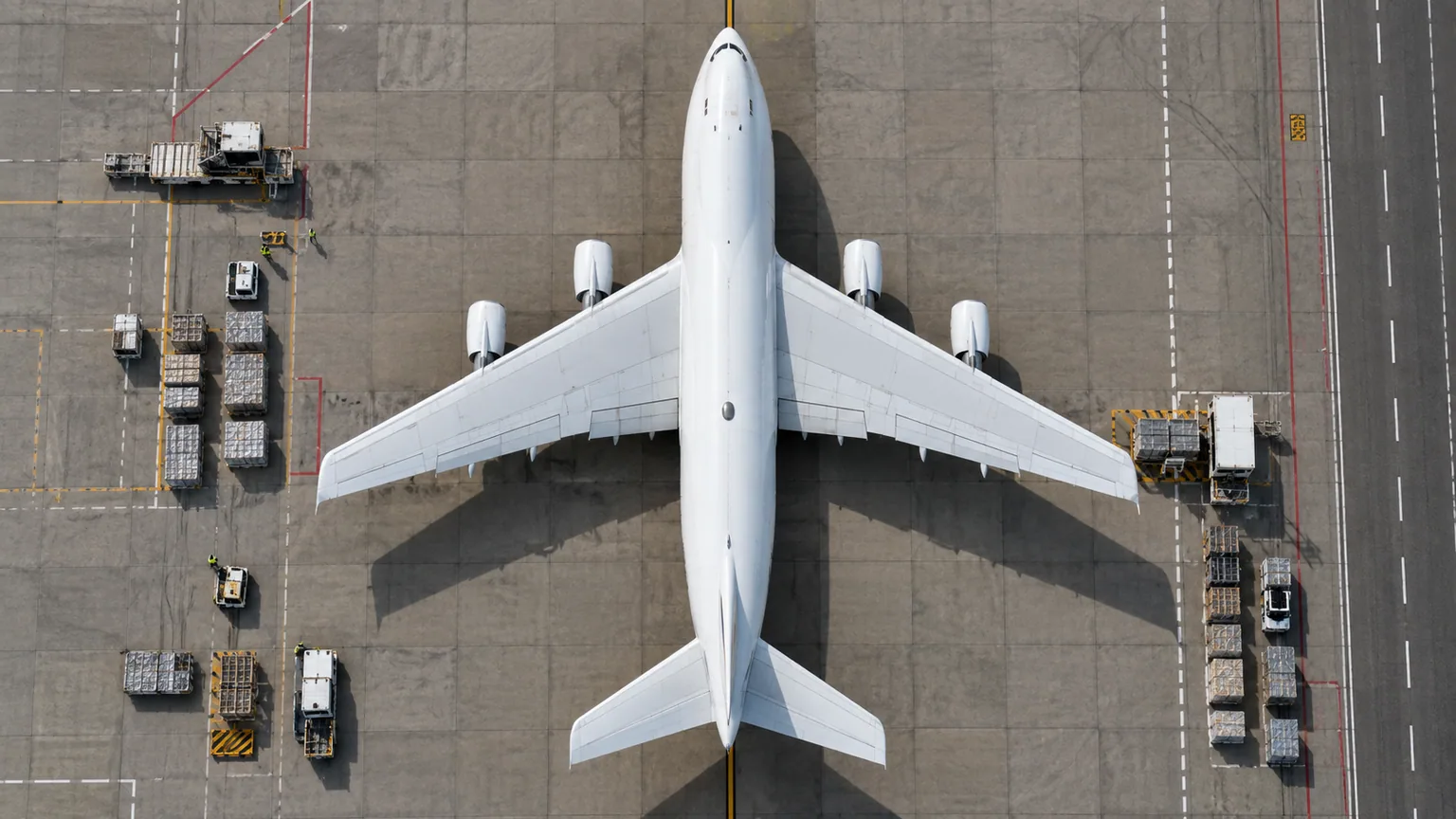 Top-down view of a cargo aircraft on an airport apron