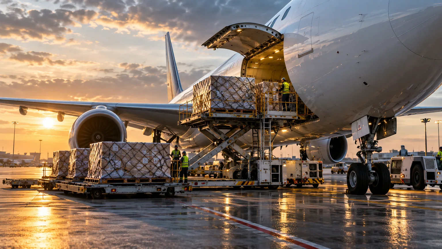 Marfă paletizată în timpul încărcării într-un avion cargo
