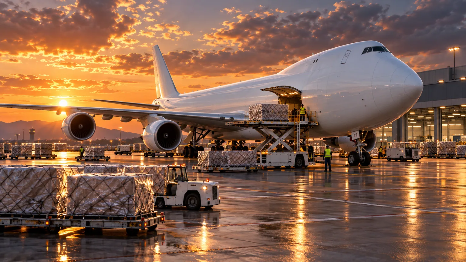 Cargo operations and loading equipment beside a freight aircraft