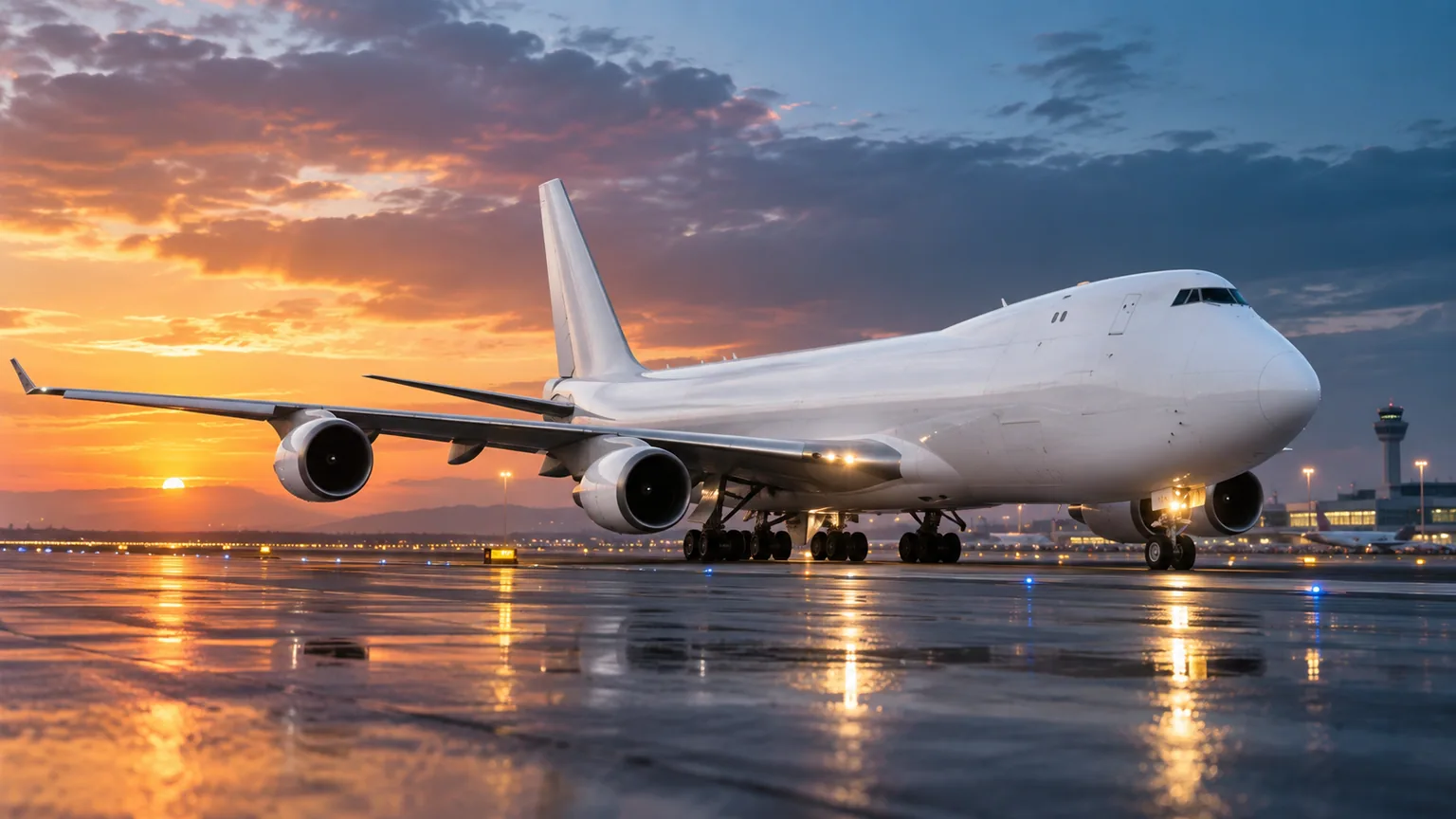 Cargo aircraft on a runway at sunset