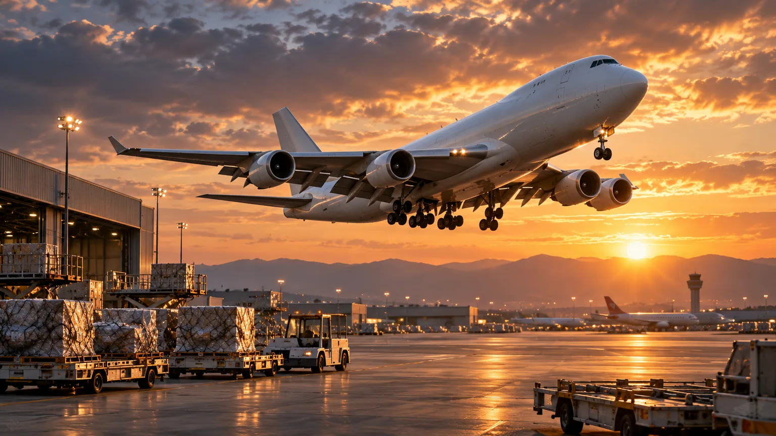 Cargo aircraft taking off at sunset