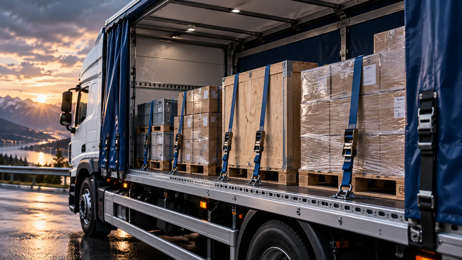 Marfă paletizată, fixată cu chingi în interiorul camionului