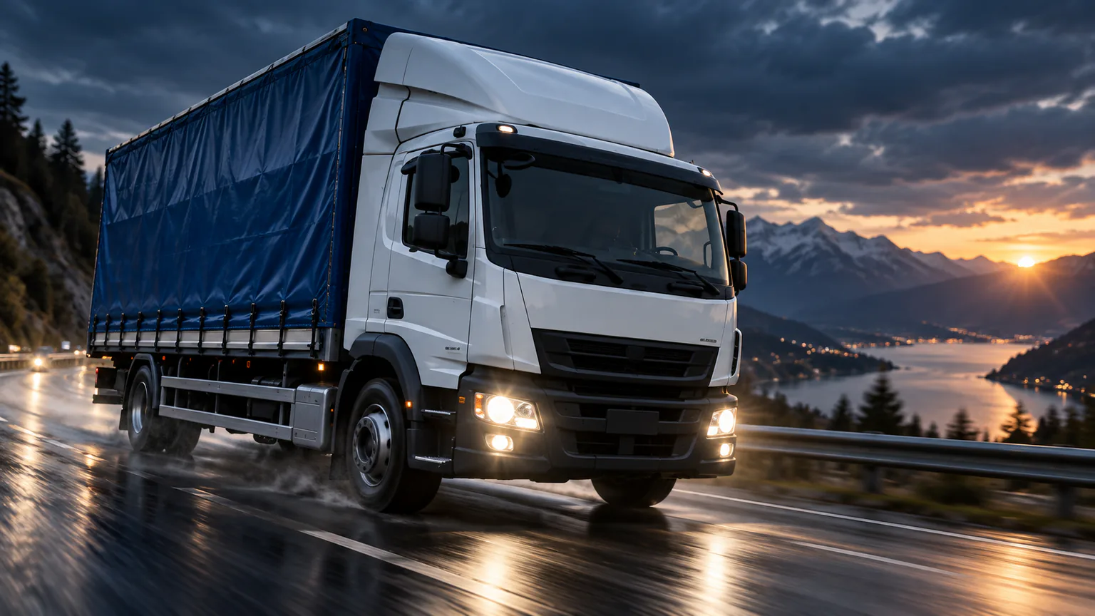 Camion fotografiat de aproape, cu roțile pe asfaltul umed și munții în depărtare