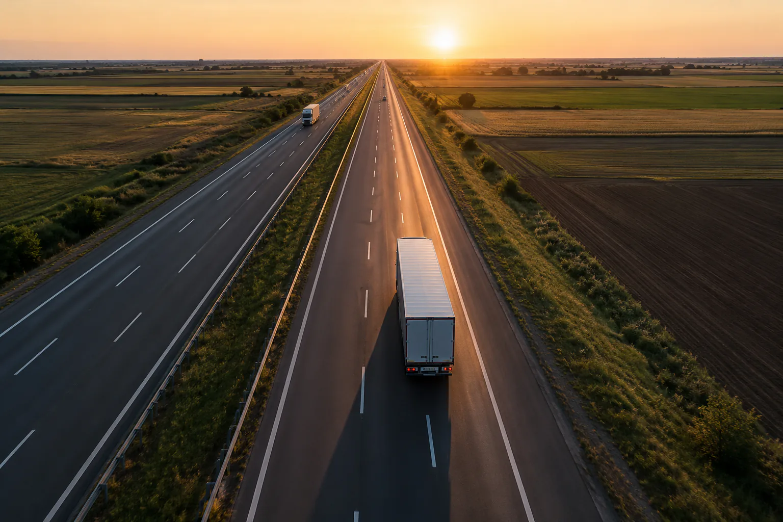 Autostradă dreaptă printre câmpuri, îndreptată spre orizontul auriu