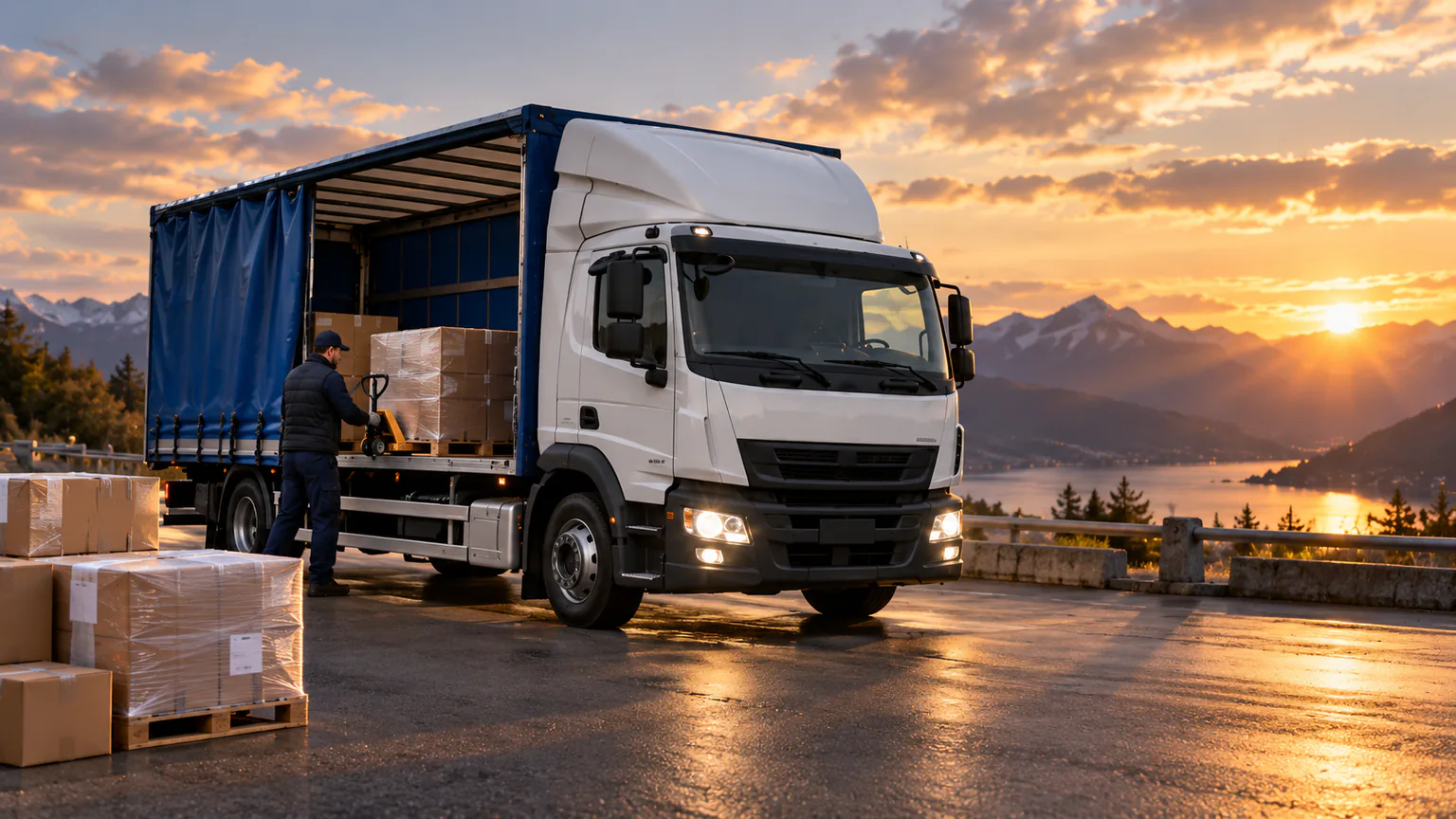 Marfă pregătită pentru încărcare lângă camion, la apus