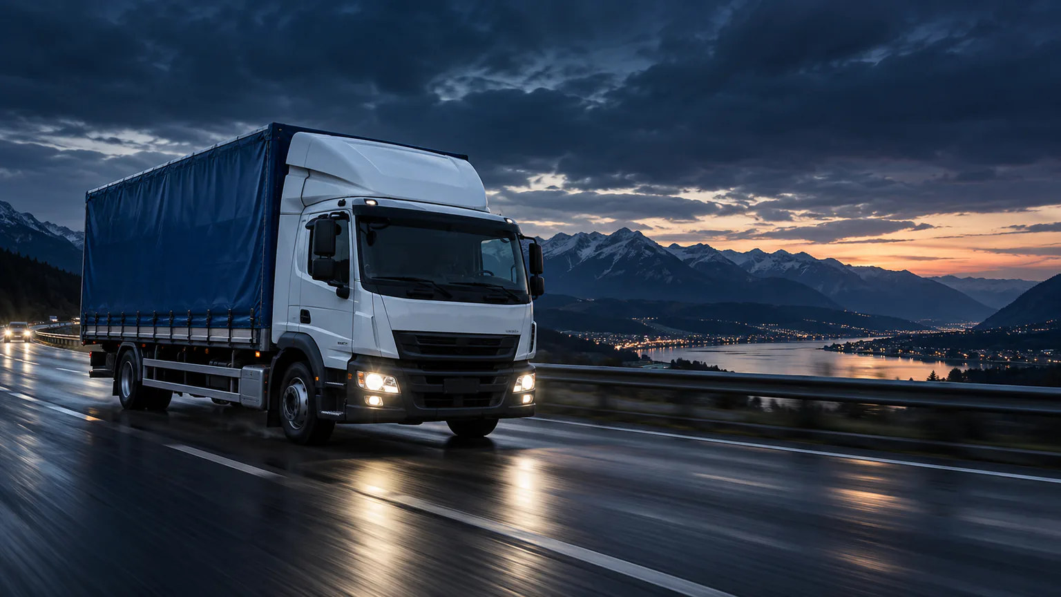 Camion alb cu prelată albastră pe o șosea montană, la lăsarea serii