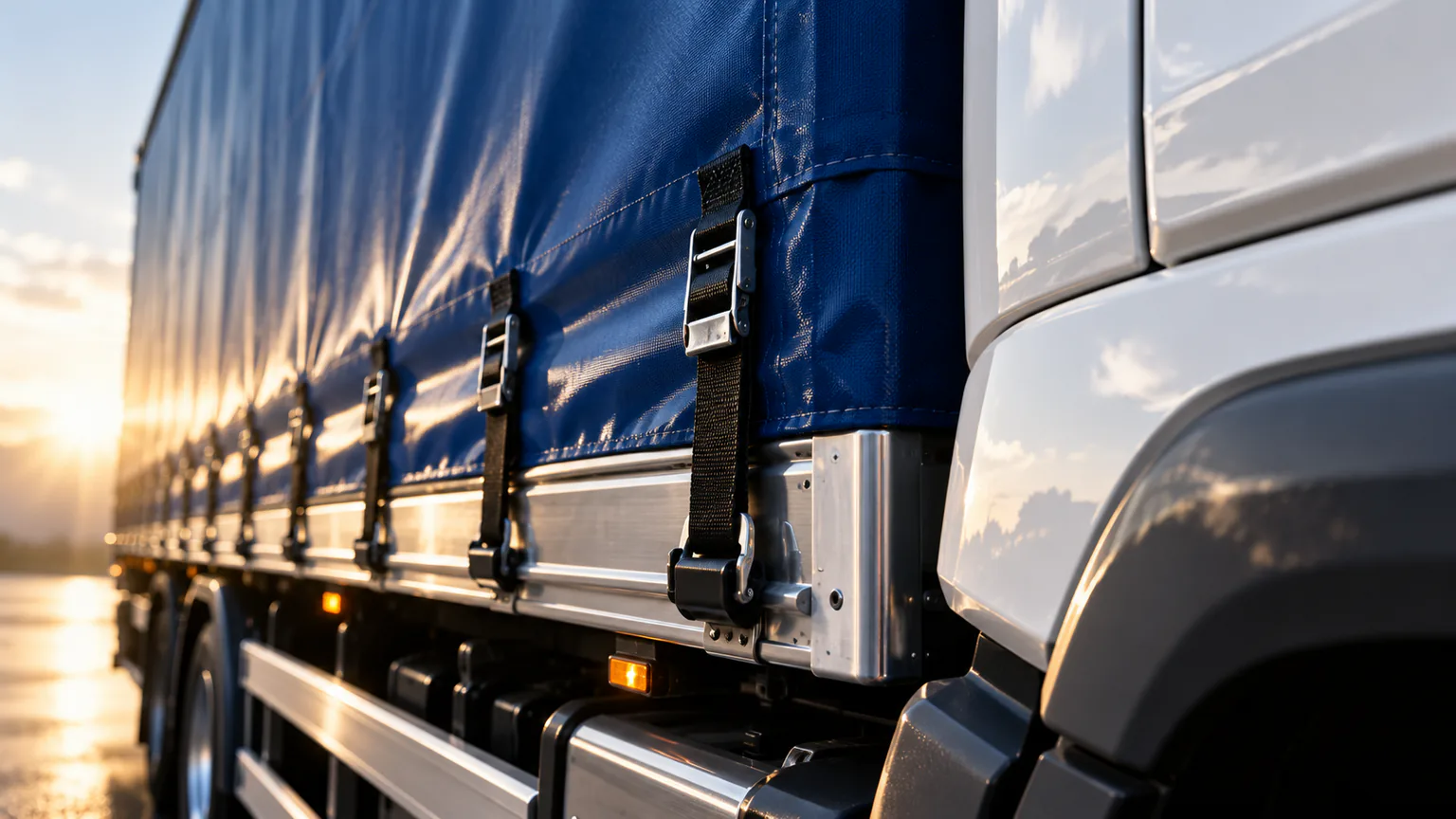 Textura prelatei albastre și chingile camionului, în lumină caldă